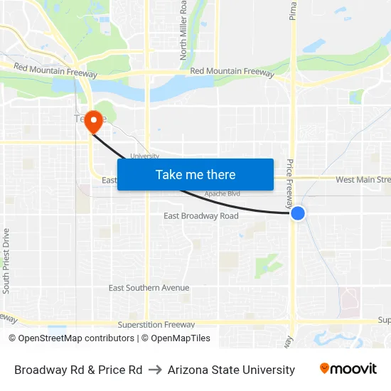 Broadway Rd & Price Rd to Arizona State University map