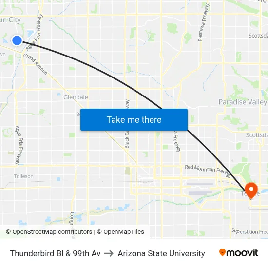 Thunderbird Bl & 99th Av to Arizona State University map