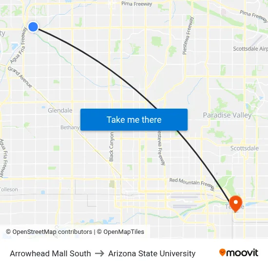 Arrowhead Mall South to Arizona State University map