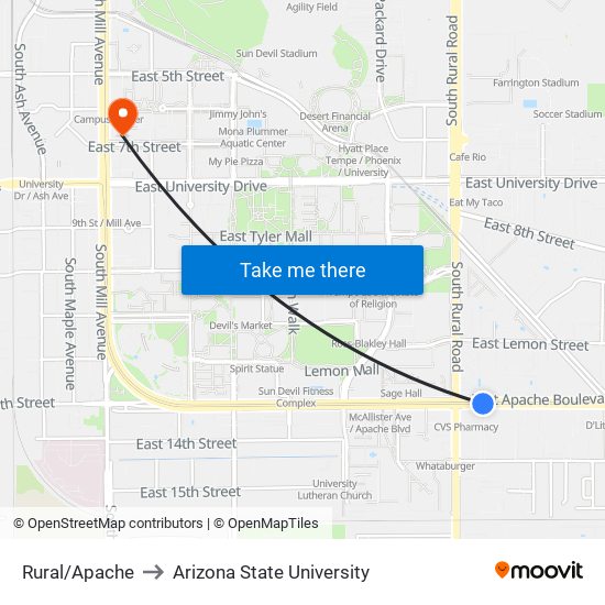 Rural/Apache to Arizona State University map