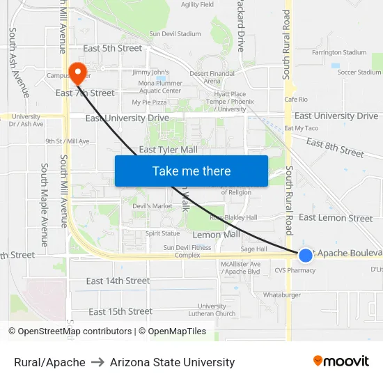 Rural/Apache to Arizona State University map