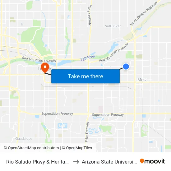 Rio Salado Pkwy & Heritage to Arizona State University map