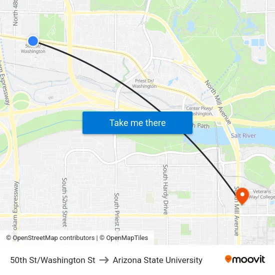 50th St/Washington St to Arizona State University map