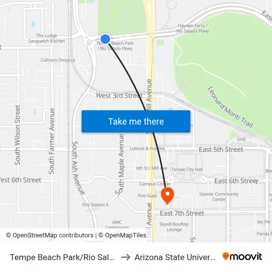 Tempe Beach Park/Rio Salado to Arizona State University map