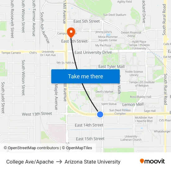 College Ave/Apache to Arizona State University map