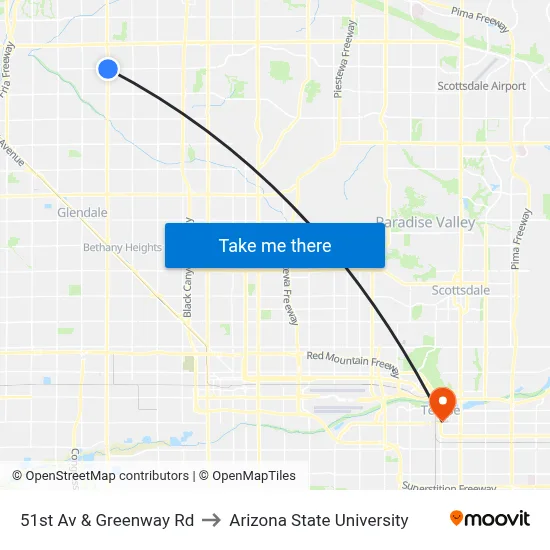 51st Av & Greenway Rd to Arizona State University map