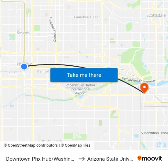 Downtown Phx Hub/Washington St to Arizona State University map