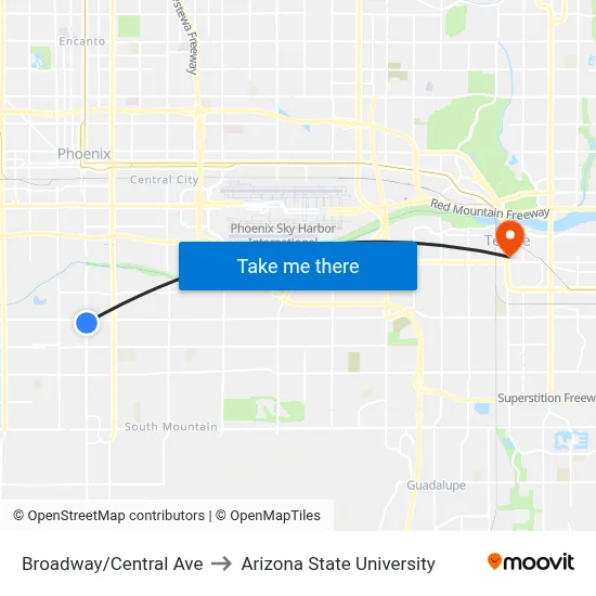 Broadway/Central Ave to Arizona State University map