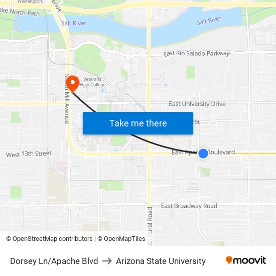 Dorsey Ln/Apache Blvd to Arizona State University map