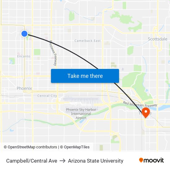 Campbell/Central Ave to Arizona State University map