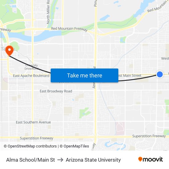 Alma School/Main St to Arizona State University map