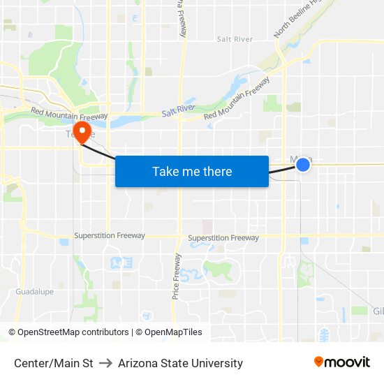 Center/Main St to Arizona State University map