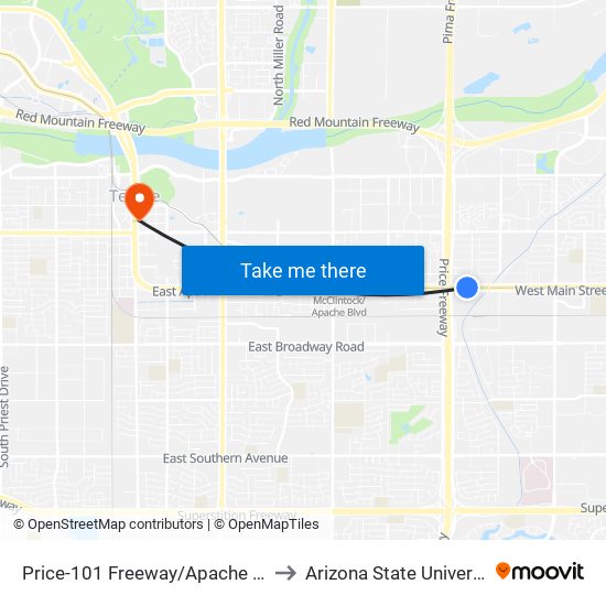 Price-101 Freeway/Apache Blvd to Arizona State University map