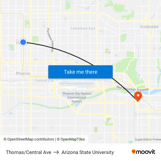 Thomas/Central Ave to Arizona State University map