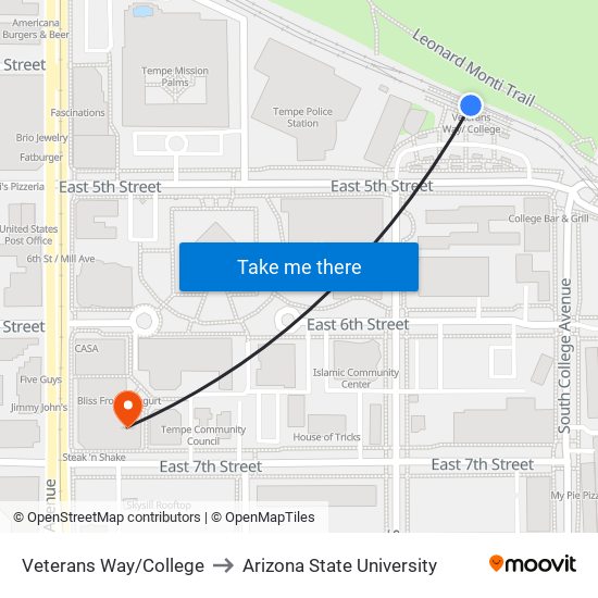 Veterans Way/College to Arizona State University map