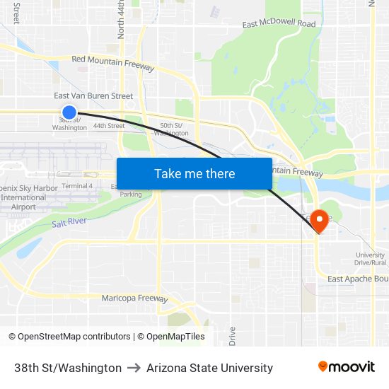 38th St/Washington to Arizona State University map
