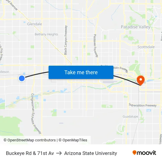 Buckeye Rd & 71st Av to Arizona State University map