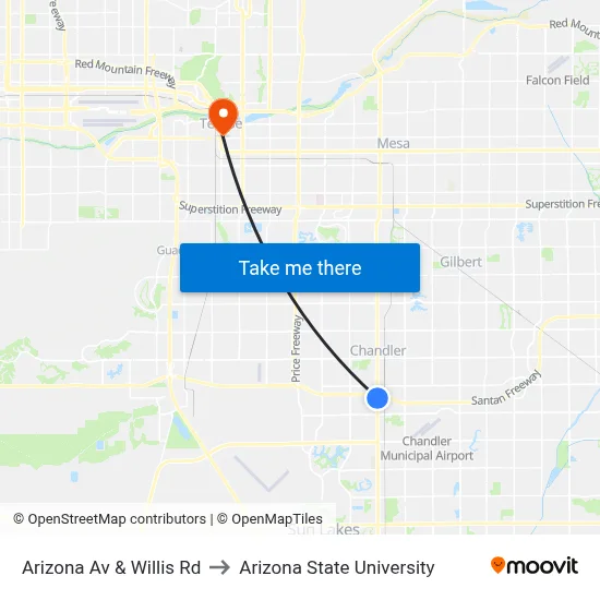 Arizona Av & Willis Rd to Arizona State University map