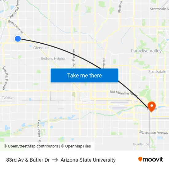 83rd Av & Butler Dr to Arizona State University map