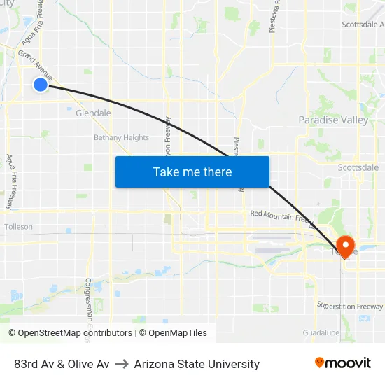 83rd Av & Olive Av to Arizona State University map