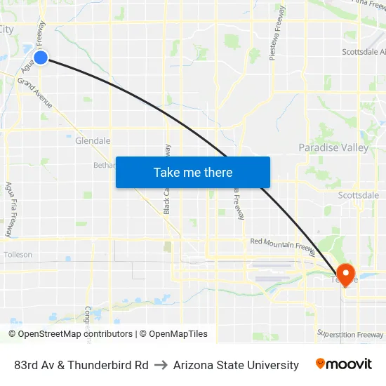 83rd Av & Thunderbird Rd to Arizona State University map