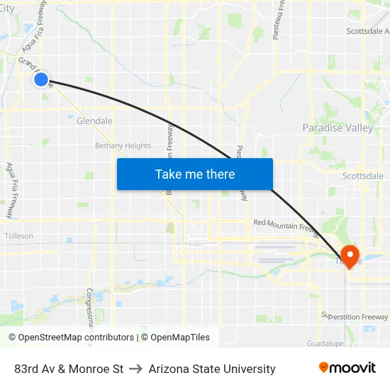 83rd Av & Monroe St to Arizona State University map