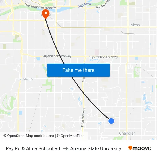 Ray Rd & Alma School Rd to Arizona State University map