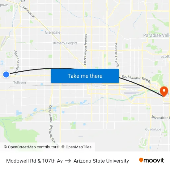 Mcdowell Rd & 107th Av to Arizona State University map
