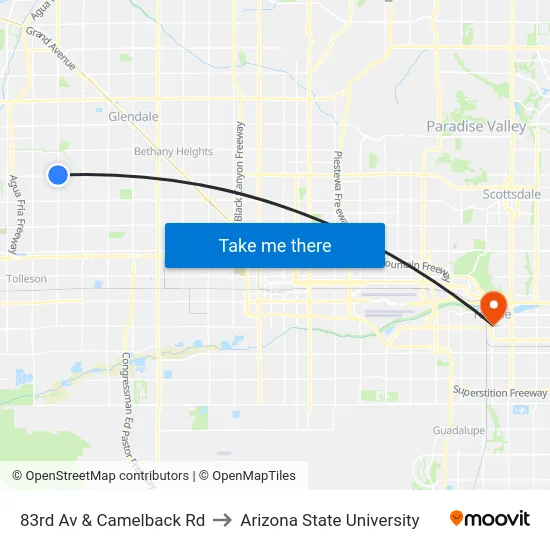 83rd Av & Camelback Rd to Arizona State University map