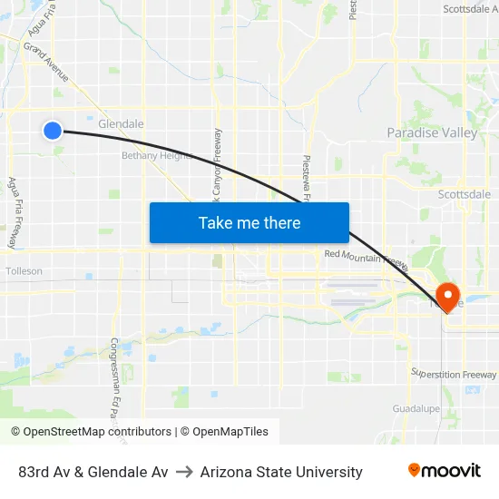 83rd Av & Glendale Av to Arizona State University map