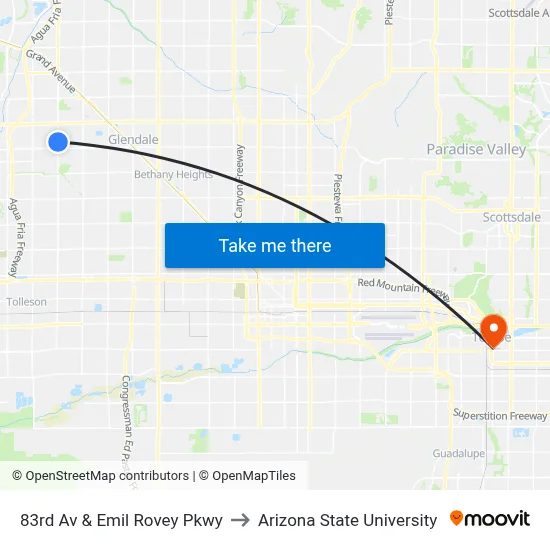 83rd Av & Emil Rovey Pkwy to Arizona State University map