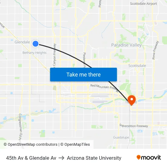 45th Av & Glendale Av to Arizona State University map