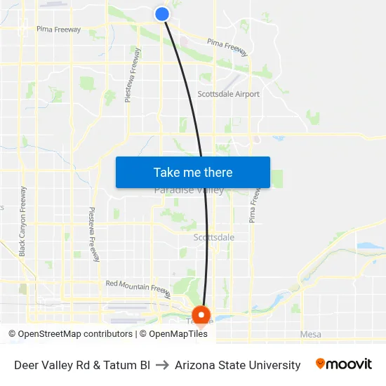 Deer Valley Rd & Tatum Bl to Arizona State University map