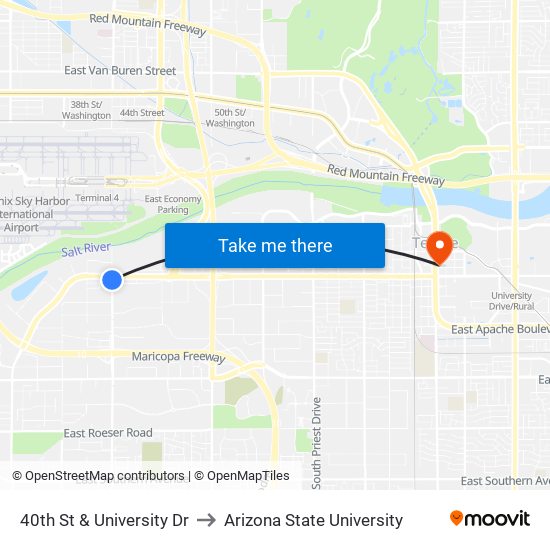 40th St & University Dr to Arizona State University map