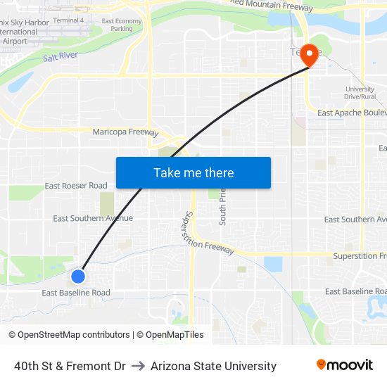 40th St & Fremont Dr to Arizona State University map