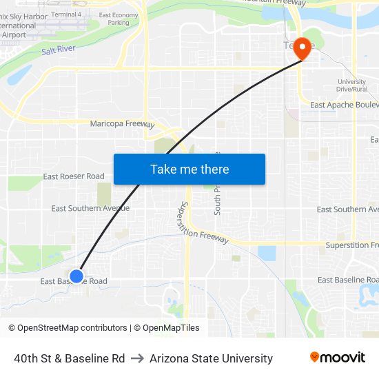 40th St & Baseline Rd to Arizona State University map