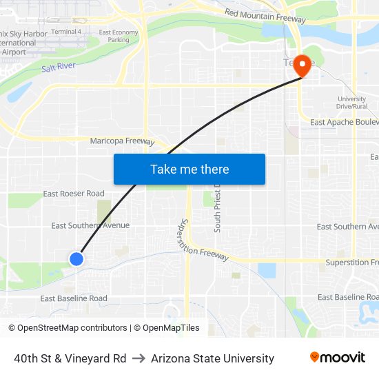 40th St & Vineyard Rd to Arizona State University map