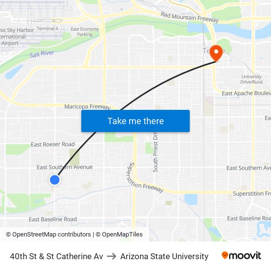 40th St & St Catherine Av to Arizona State University map