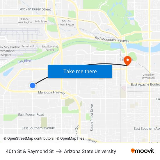 40th St & Raymond St to Arizona State University map