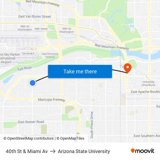 40th St & Miami Av to Arizona State University map