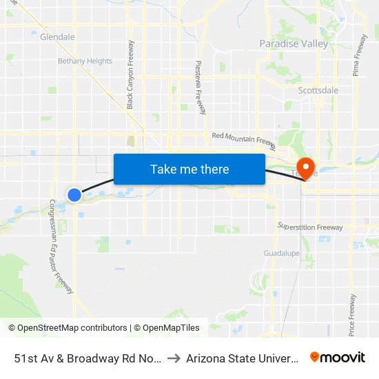 51st Av & Broadway Rd North to Arizona State University map