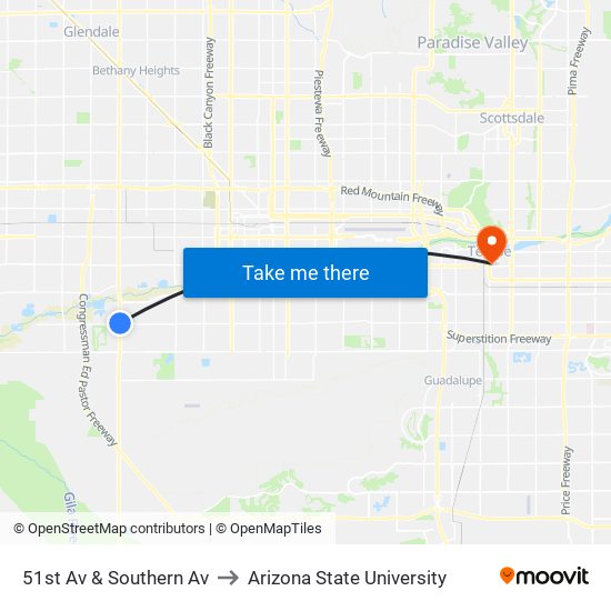 51st Av & Southern Av to Arizona State University map