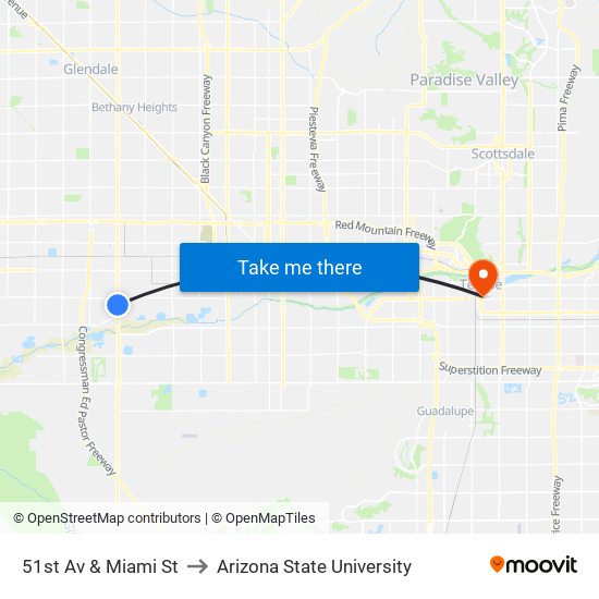 51st Av & Miami St to Arizona State University map