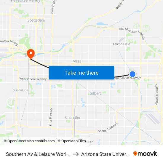 Southern Av & Leisure World Bl to Arizona State University map