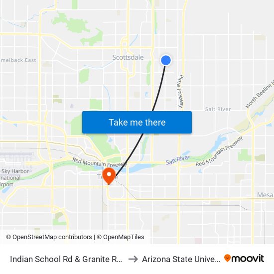 Indian School Rd & Granite Reef Rd to Arizona State University map