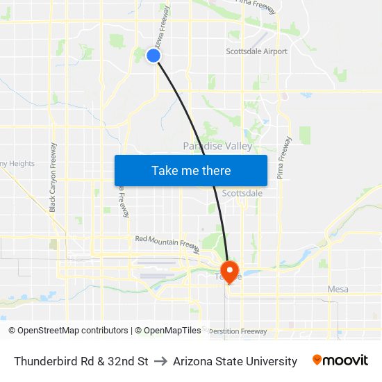 Thunderbird Rd & 32nd St to Arizona State University map