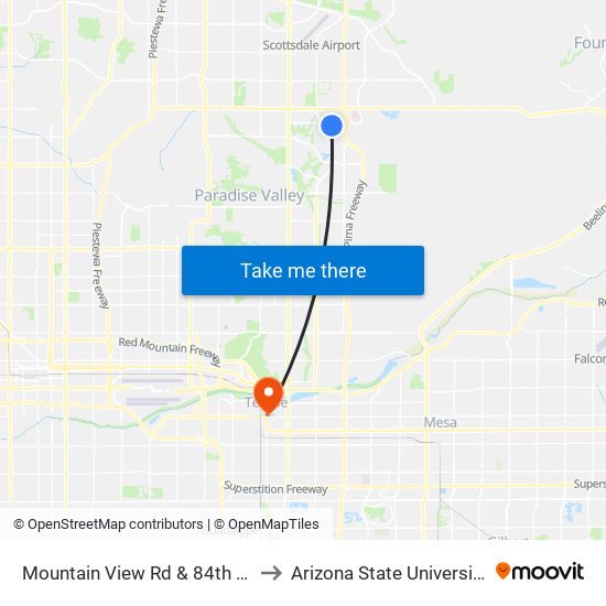 Mountain View Rd & 84th St to Arizona State University map