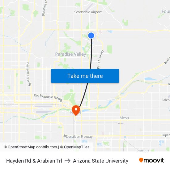 Hayden Rd & Arabian Trl to Arizona State University map