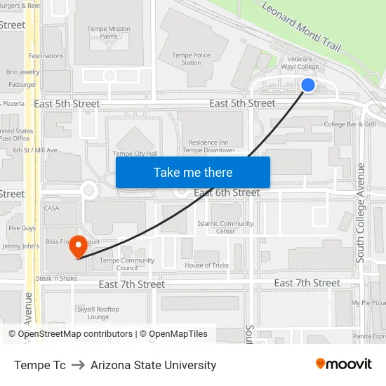 Tempe Tc to Arizona State University map