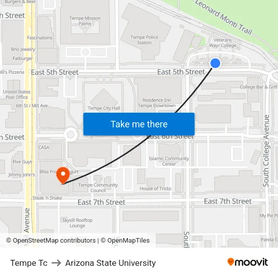 Tempe Tc to Arizona State University map